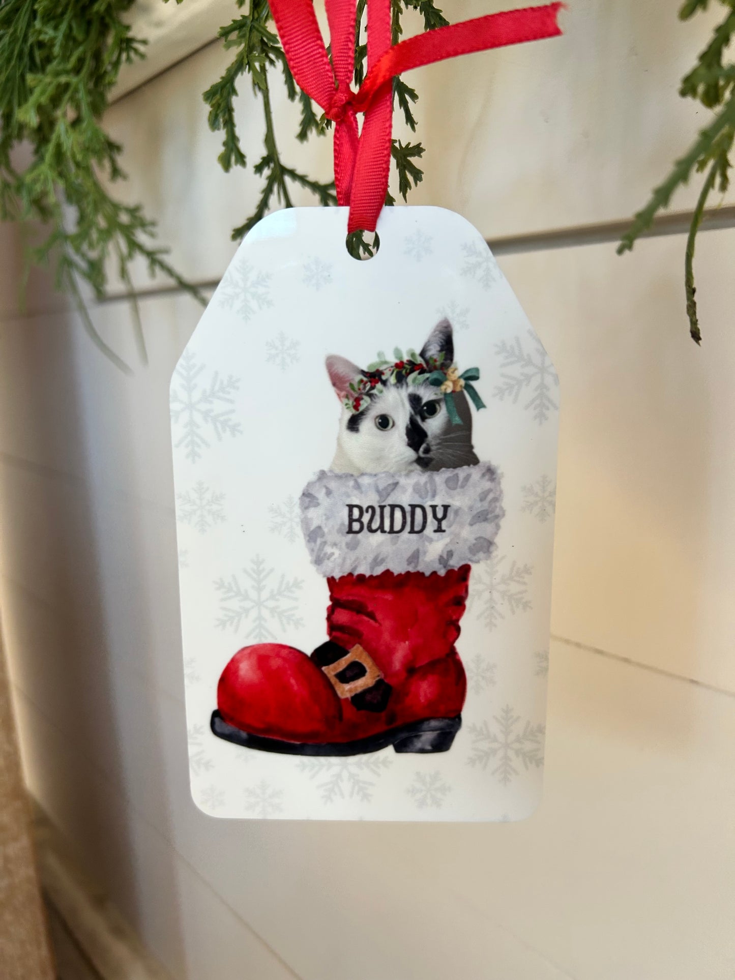 Pet Ornament with Wreath Headband in Santa Boot